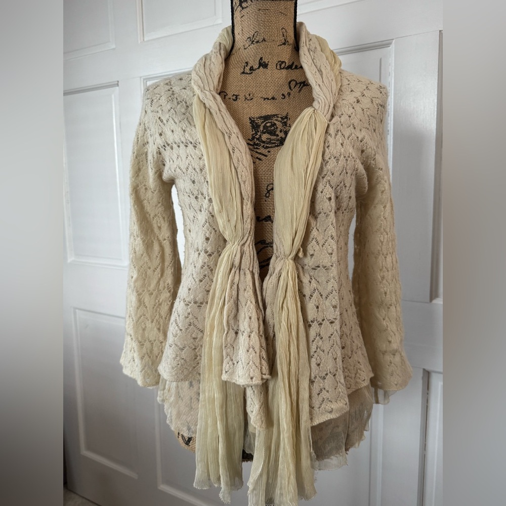 Leifsdottir Cream Cardigan with Ruffled Front and Lace Details
